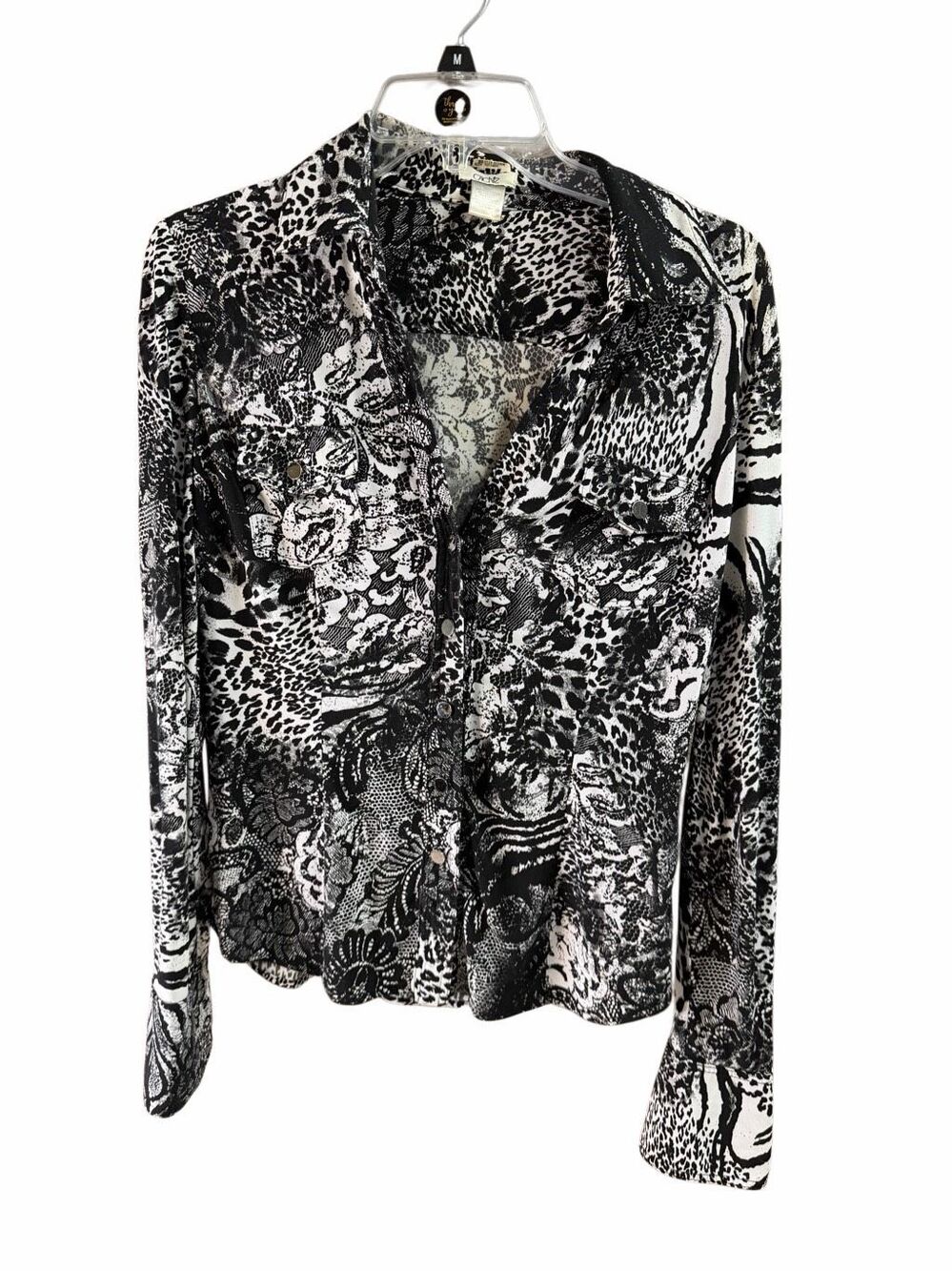 CACH’E Vintage Women’s Small Black White Animal Floral Print Button Blouse
